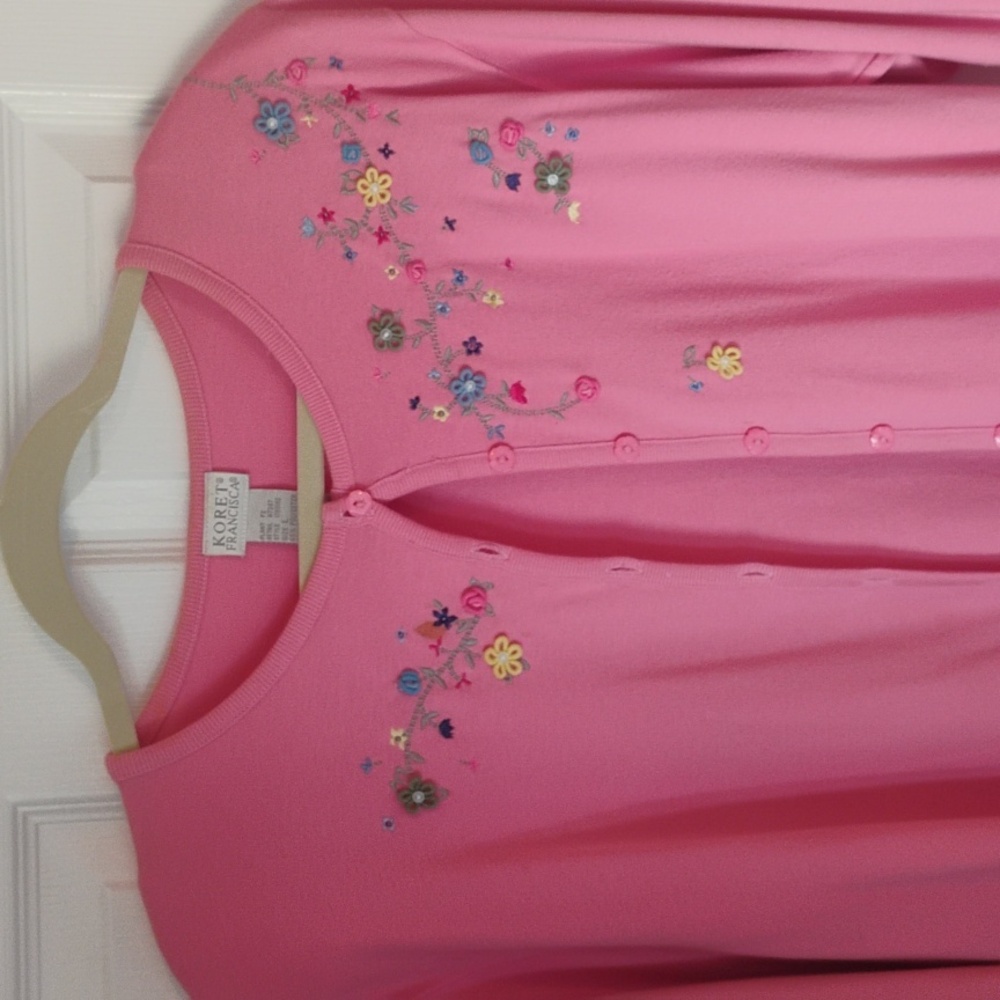 Vintage Koret Francisca Women's Size Large Flower Embroidered Cardigan Pink - Picture 3 of 8